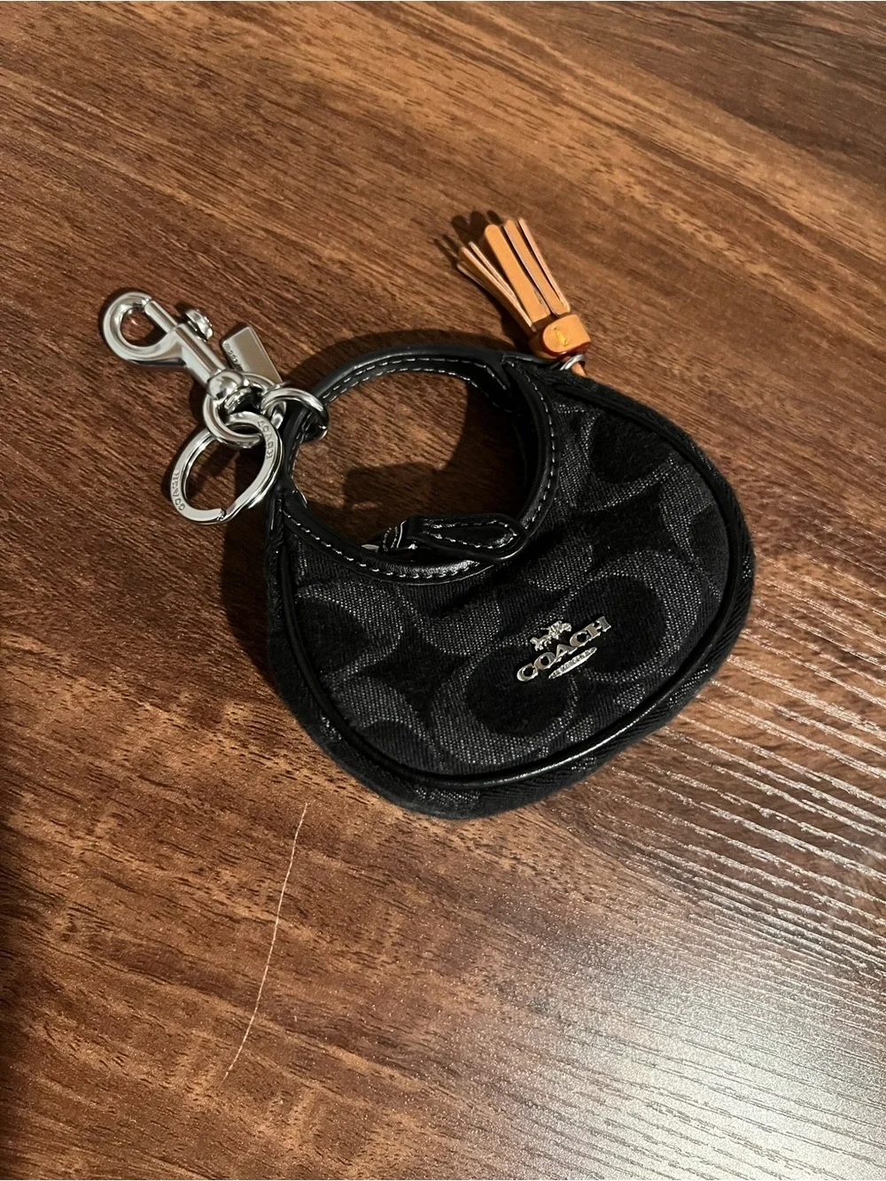 Coach Black Mini Signature Circle Bag Charm with Tan Tassel - Picture 4 of 11
